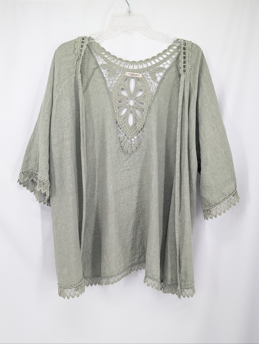 Valentina Naldi Linen Boho Crochet-Trim Sage Green Oversized Cardigan One Size